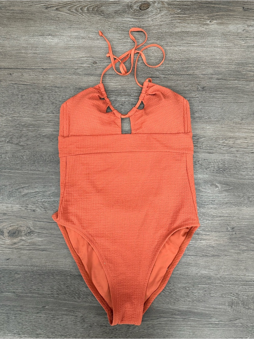 BECCA Coral Orange Textured One-Piece Swimsuit with Halter Tie medium NWT
